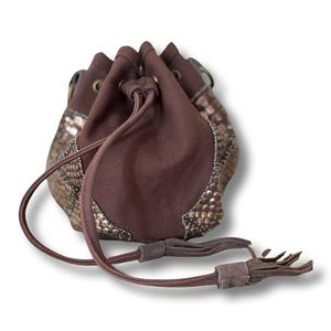 American Eagle Brown Canvas Bucket Drawstring Crossbody Bag with Suede Leather